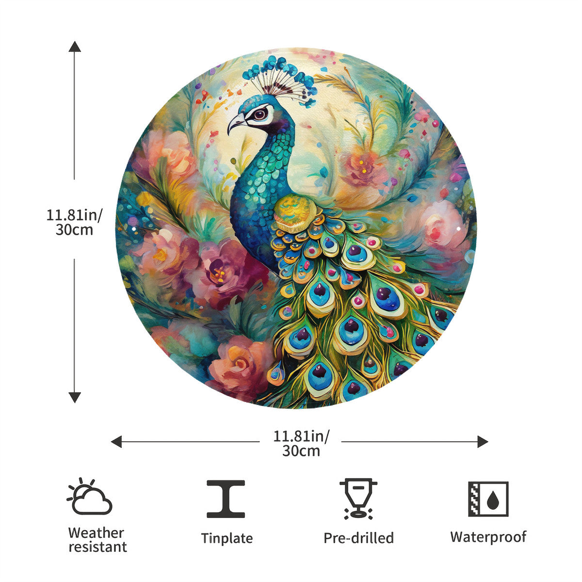 Garden Peacock Round Steel Metal Art Decor
