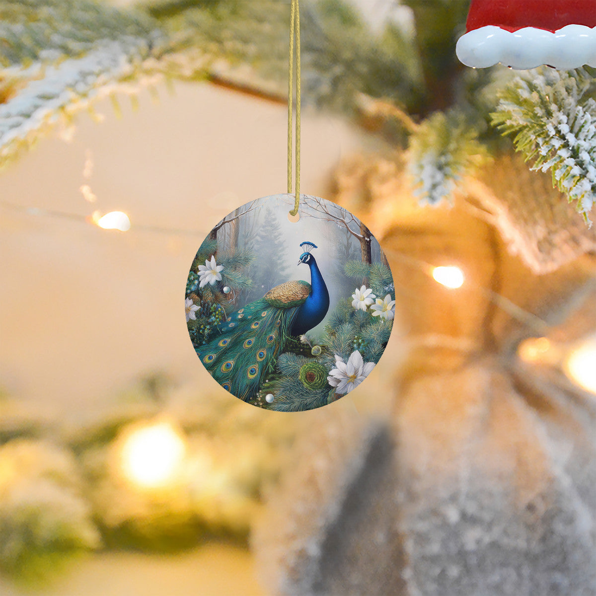 Winter Peacock 2 Ceramic Christmas Round Ornament