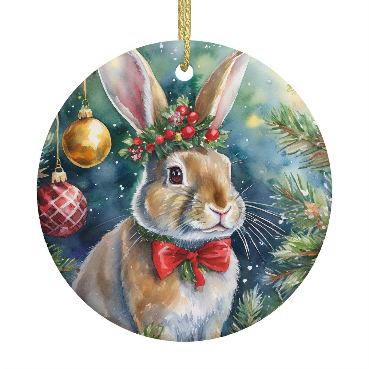 Bunny Rabbit Ceramic Christmas Round Ornament
