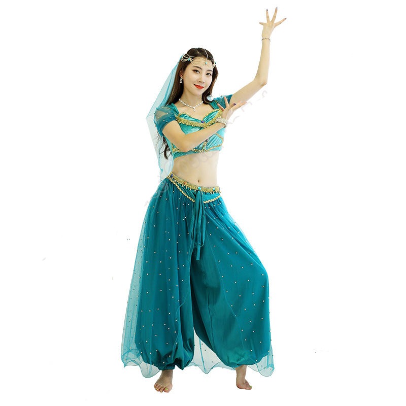 Belly Dance Princess Jasmine Costume Women Girls Bollywood Top Pants Veils Set