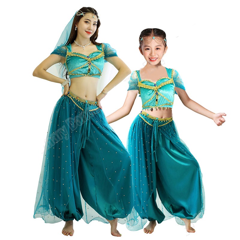 Belly Dance Princess Jasmine Costume Women Girls Bollywood Top Pants Veils Set