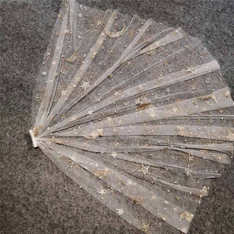 Pearls and Glitter Gold Dust Short Bridal Veil with Comb