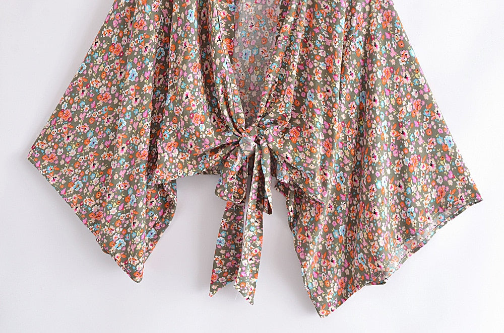 Boho Vintage Floral Print Short Kimono Wrap Tops