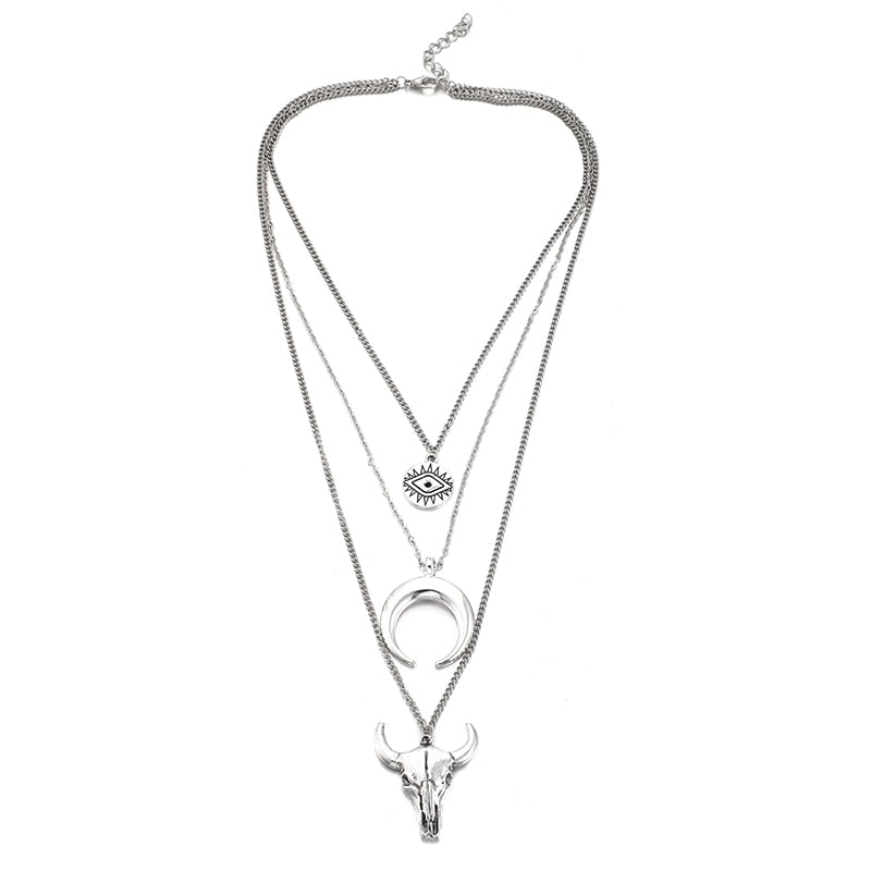 Evil Eye Moon Bull Head Multi Layer Necklace