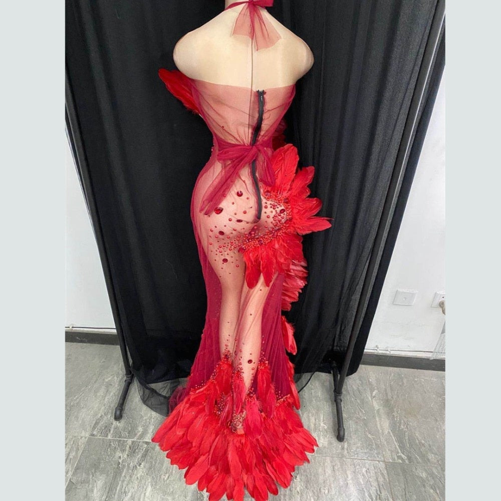 Valeria Red Halter Rhinestone Feather Stage Wear Performance Dress