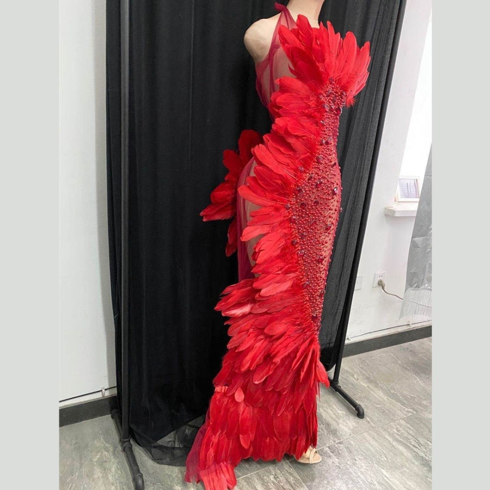 Valeria Red Halter Rhinestone Feather Stage Wear Performance Dress