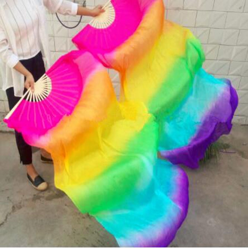 1Pair 100% Real Silk Dance Fan Gradient Stage Dance Silk Fans
