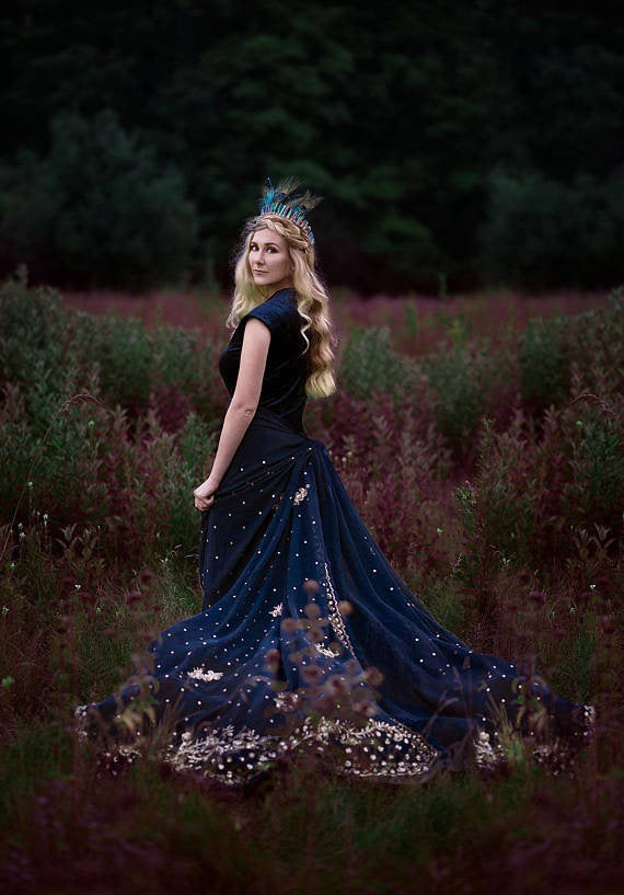 Blue Crystal Peacock Feather Goddess Crown