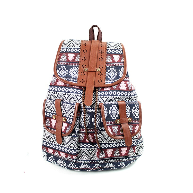 Boho Backpack Canvas Rucksack Faux Leather