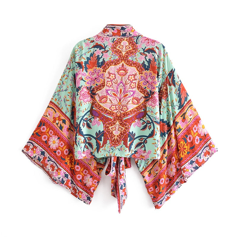Boho Vintage Floral Print Short Kimono Wrap Tops