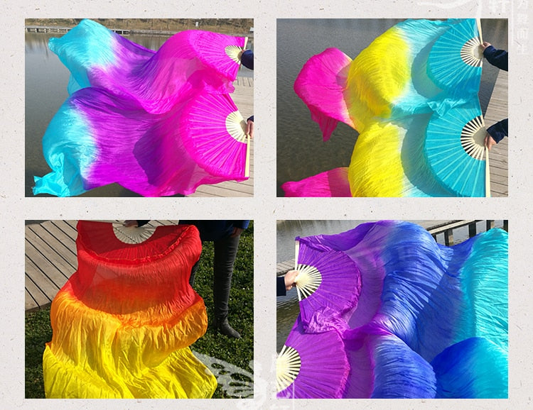 1Pair 100% Real Silk Dance Fan Gradient Stage Dance Silk Fans
