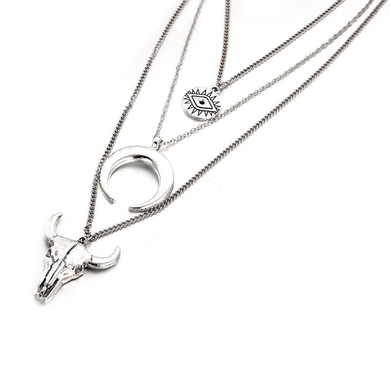 Evil Eye Moon Bull Head Multi Layer Necklace