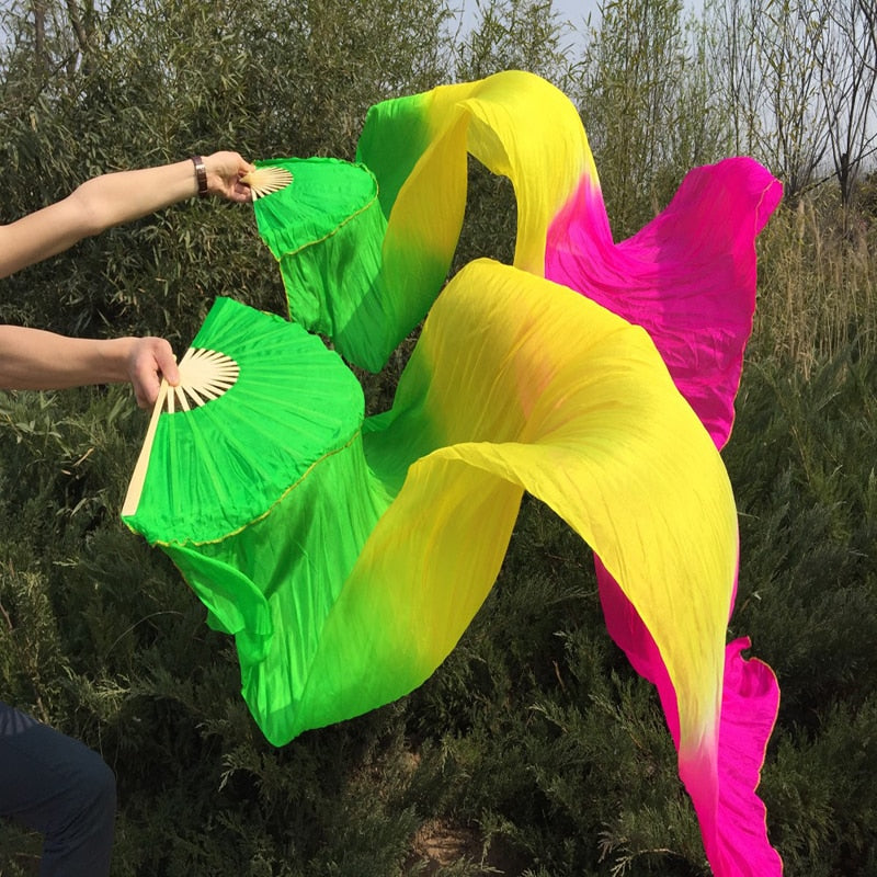 1Pair 100% Real Silk Dance Fan Gradient Stage Dance Silk Fans