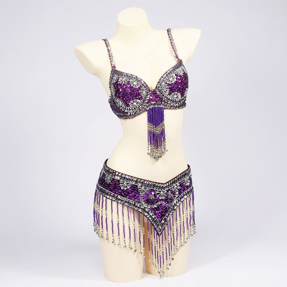 Belly Dancers Beaded Bra and Belt Set Belly Dance Costume Set with Bells