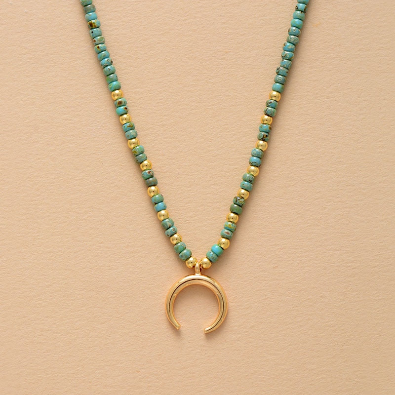 Horn Evil Eye Heart Pendant Glass Seed Beads Short Choker Necklaces