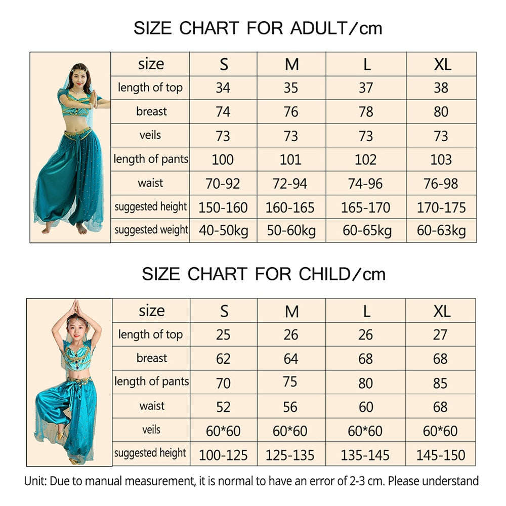 Belly Dance Princess Jasmine Costume Women Girls Bollywood Top Pants Veils Set