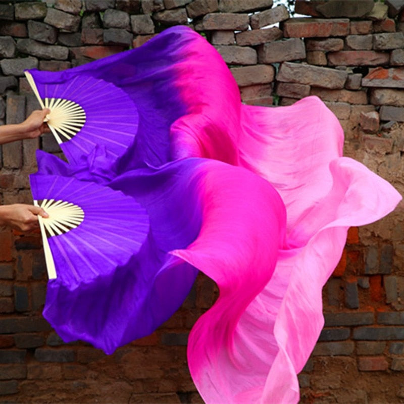 1Pair 100% Real Silk Dance Fan Gradient Stage Dance Silk Fans