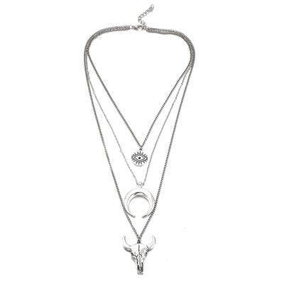 Evil Eye Moon Bull Head Multi Layer Necklace
