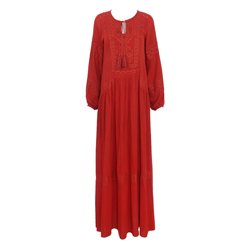 Shyla Boho Cotton Long Sleeve Red Dress