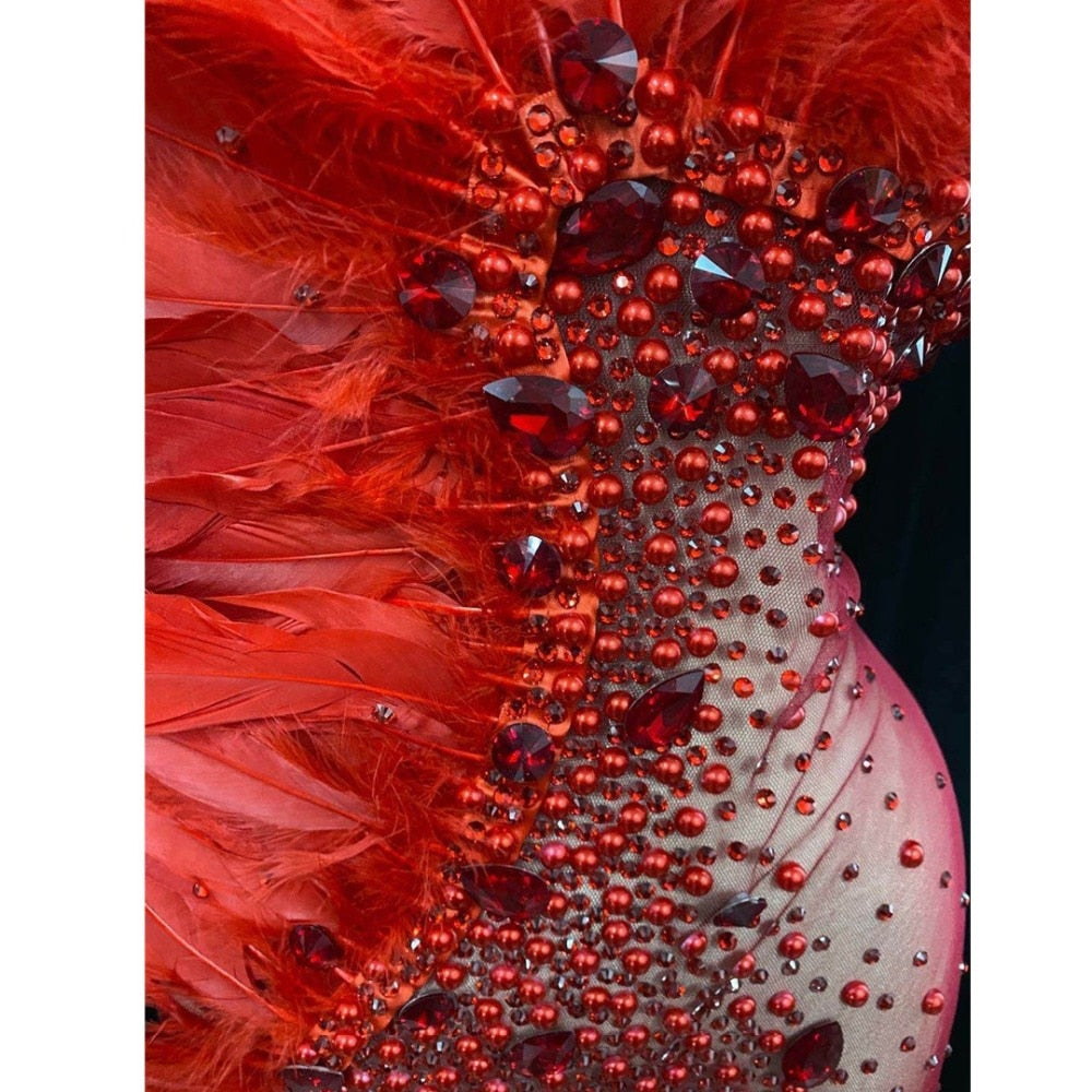 Valeria Red Halter Rhinestone Feather Stage Wear Performance Dress