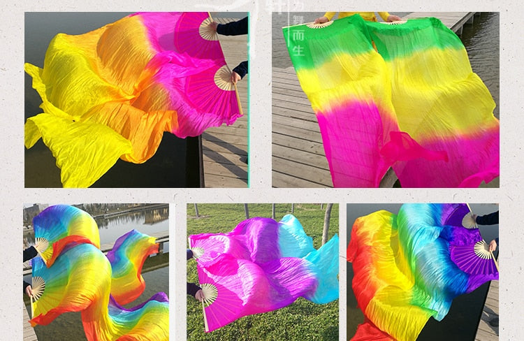 1Pair 100% Real Silk Dance Fan Gradient Stage Dance Silk Fans