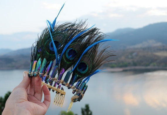 Blue Crystal Peacock Feather Goddess Crown