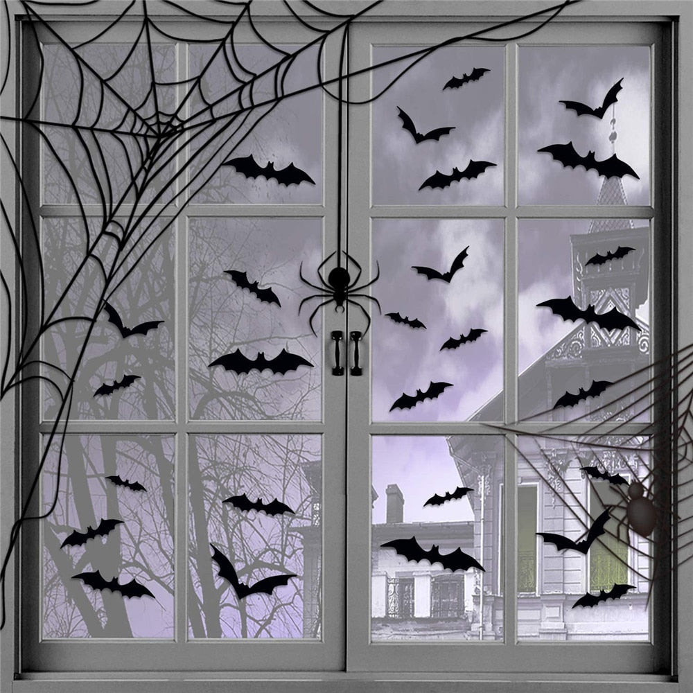 24/48pcs Halloween Decoration 3D Black PVC Bat Wall Stickers