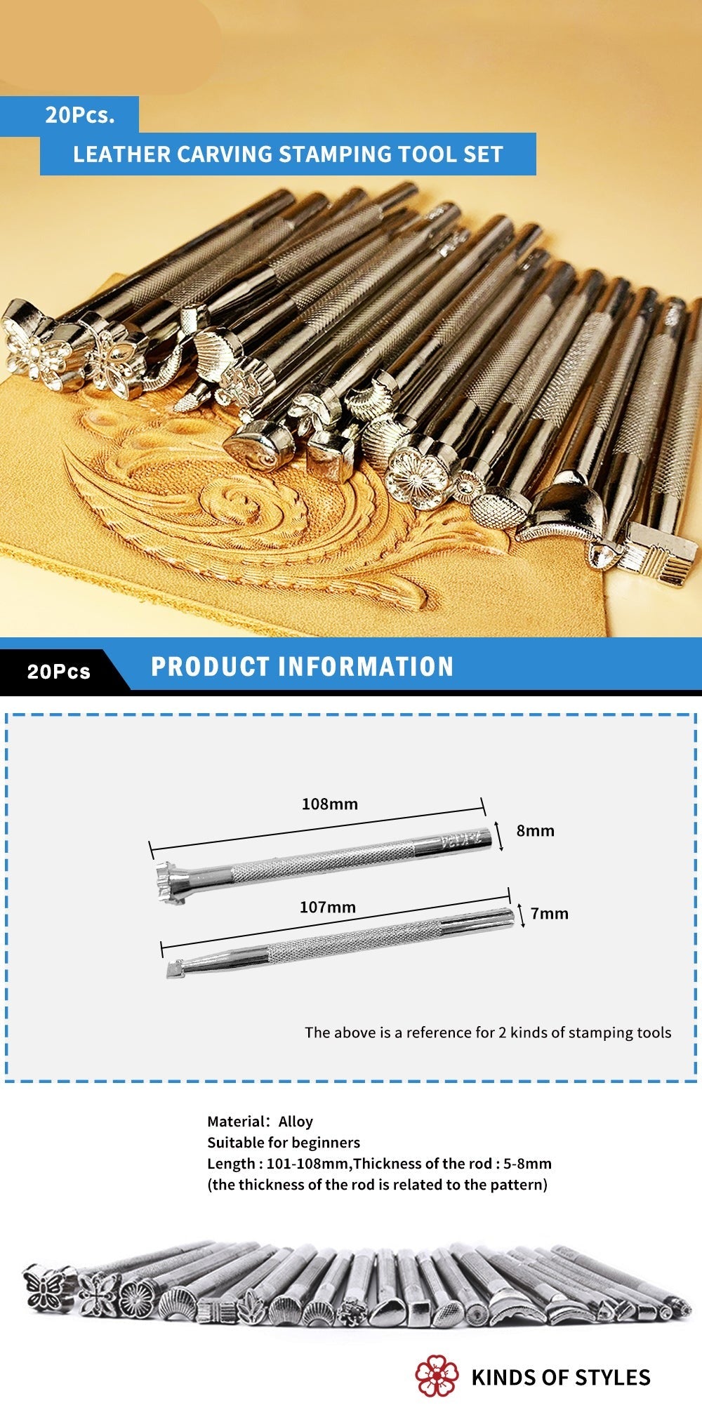 20Pcs Leather Carving Stamping Tool Set Carved Leather Punch Engraving Tools