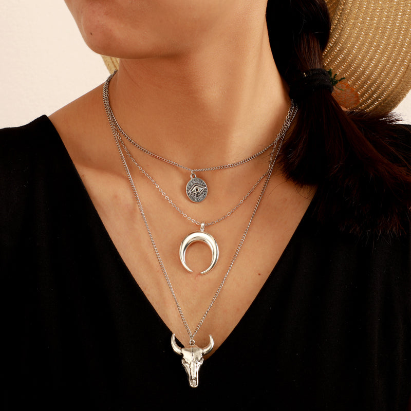 Evil Eye Moon Bull Head Multi Layer Necklace
