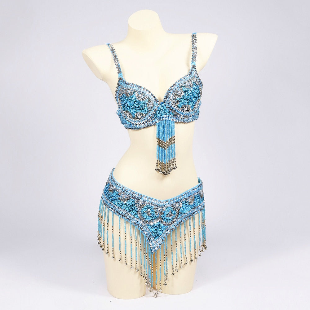 Belly Dancers Beaded Bra and Belt Set Belly Dance Costume Set with Bells