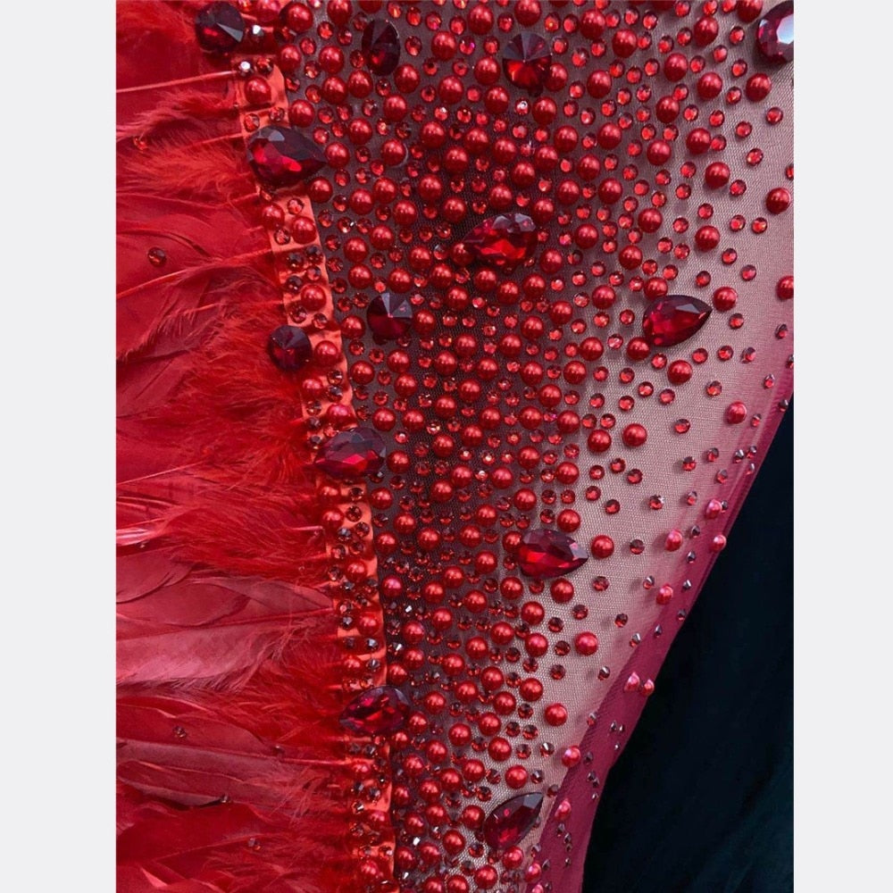 Valeria Red Halter Rhinestone Feather Stage Wear Performance Dress