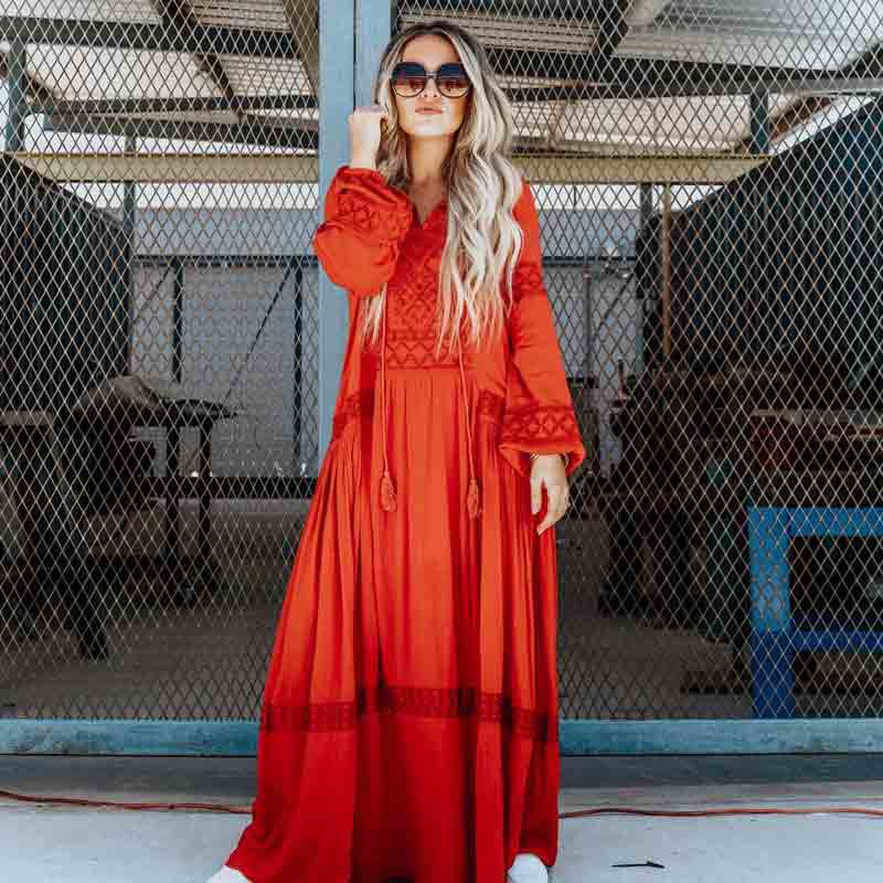 Shyla Boho Cotton Long Sleeve Red Dress