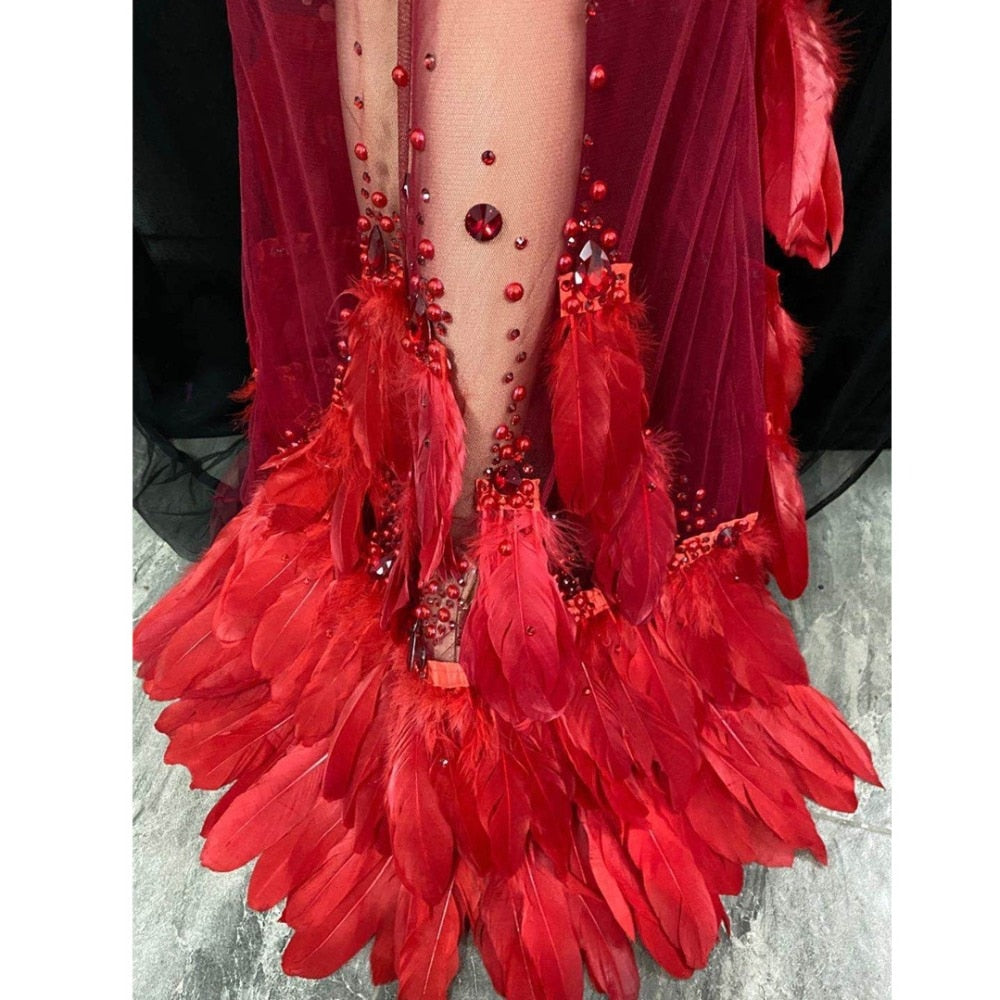 Valeria Red Halter Rhinestone Feather Stage Wear Performance Dress