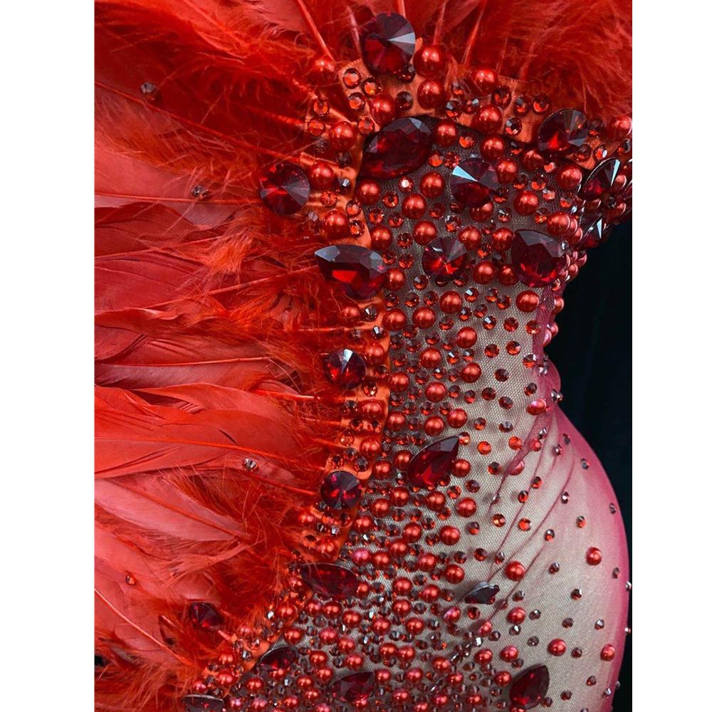 Valeria Red Halter Rhinestone Feather Stage Wear Performance Dress