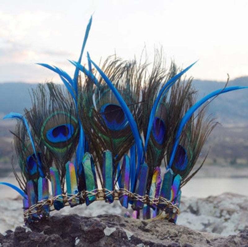 Blue Crystal Peacock Feather Goddess Crown
