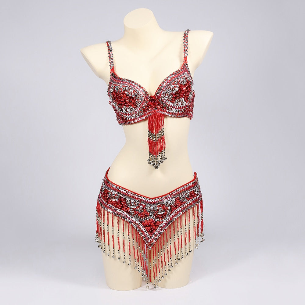 Belly Dancers Beaded Bra and Belt Set Belly Dance Costume Set with Bells
