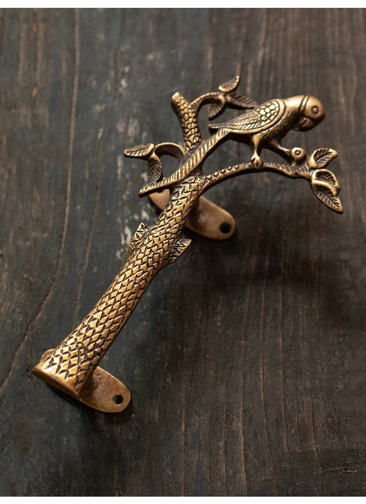 Parrot in a Tree Brass Door Pull Handmade Hardware