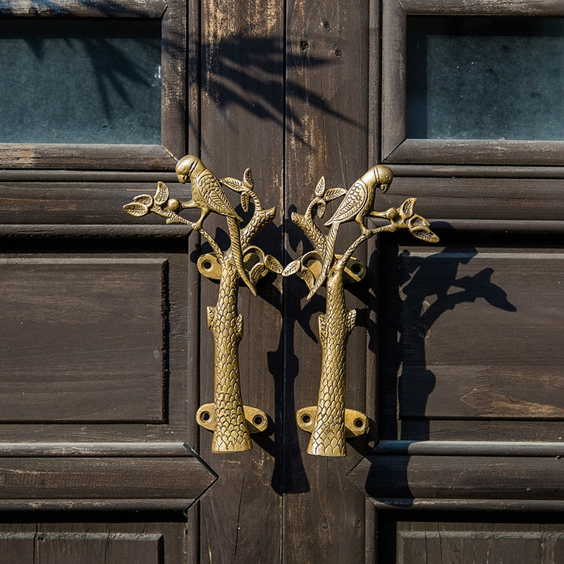 Parrot in a Tree Brass Door Pull Handmade Hardware