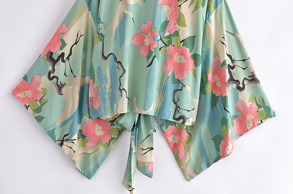 Boho Vintage Floral Print Short Kimono Wrap Tops