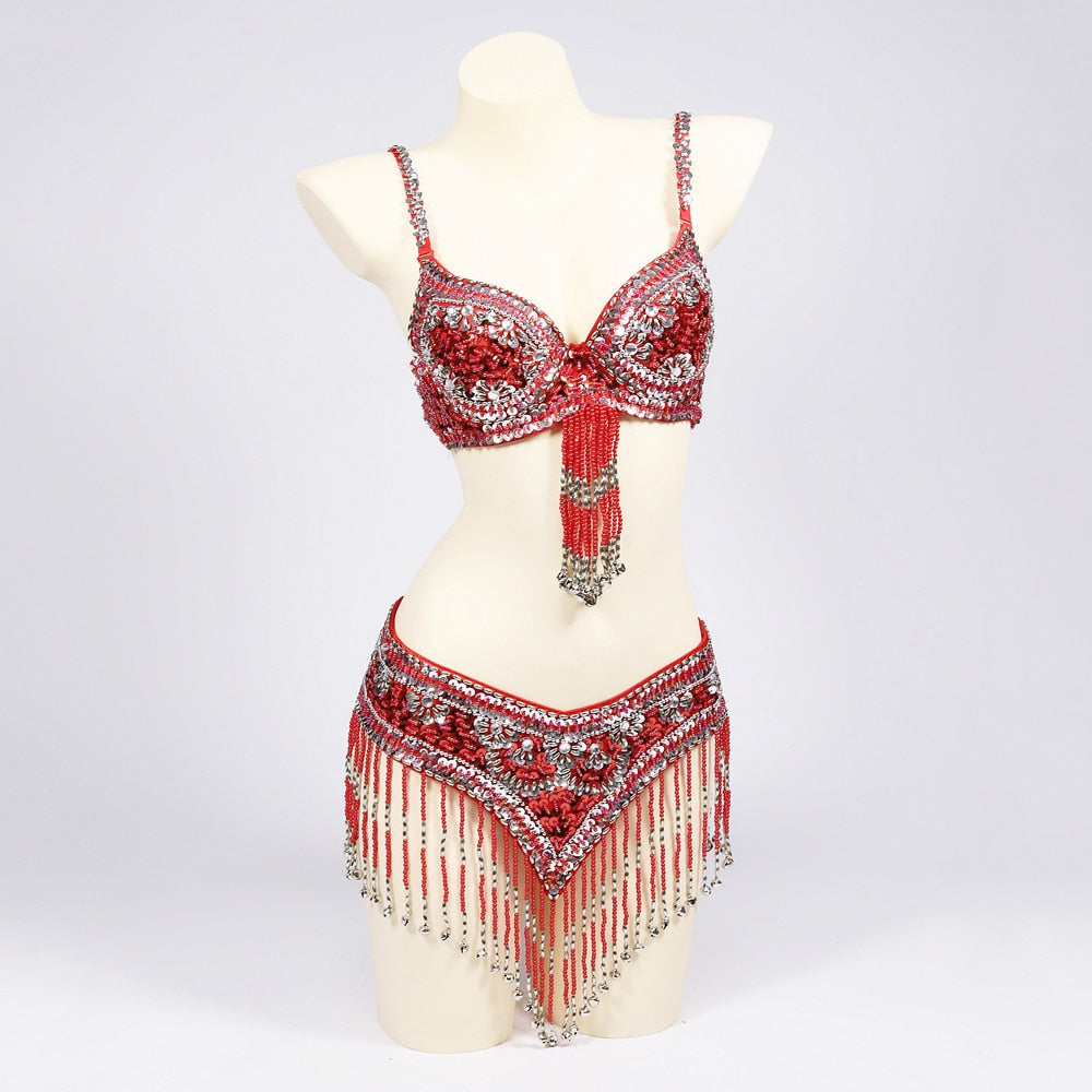 Belly Dancers Beaded Bra and Belt Set Belly Dance Costume Set with Bells