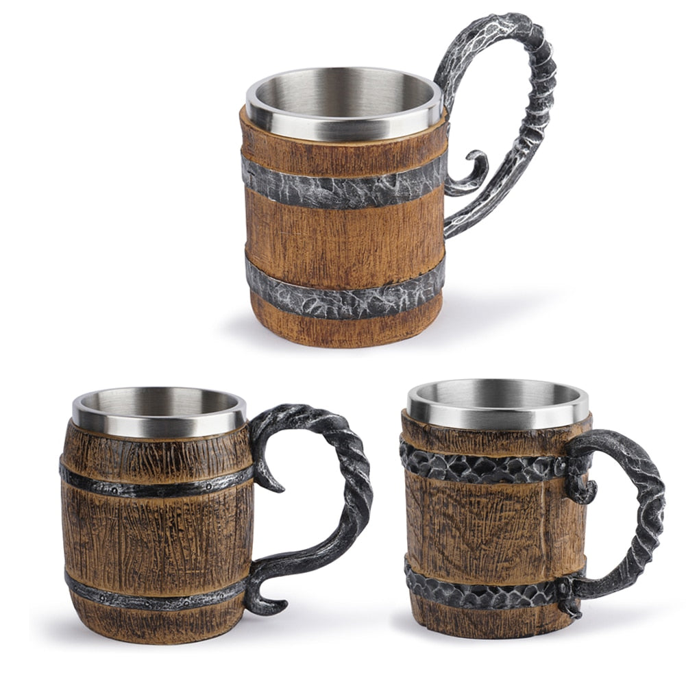 Medieval Wooden Beer Barrel Style Beer Mugs Double Wall Insulated
