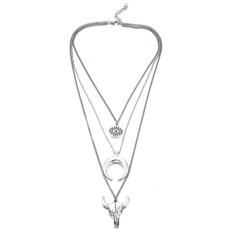 Evil Eye Moon Bull Head Multi Layer Necklace