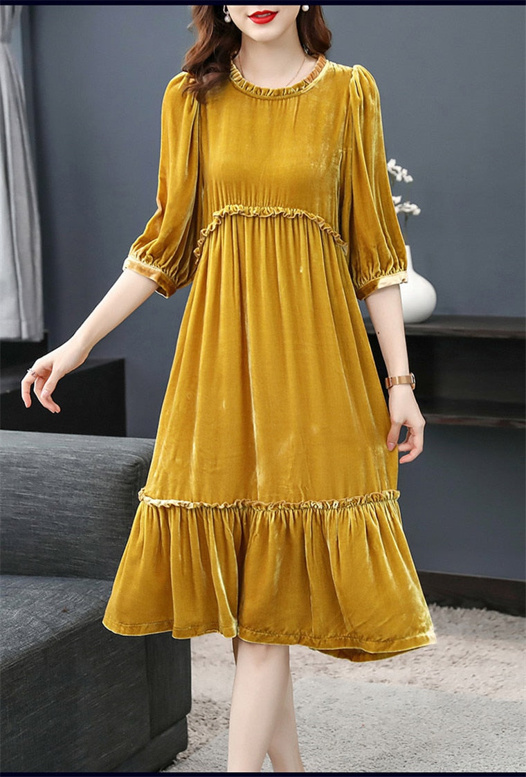 Christine Ruffled Velvet Long Sleeve Dress