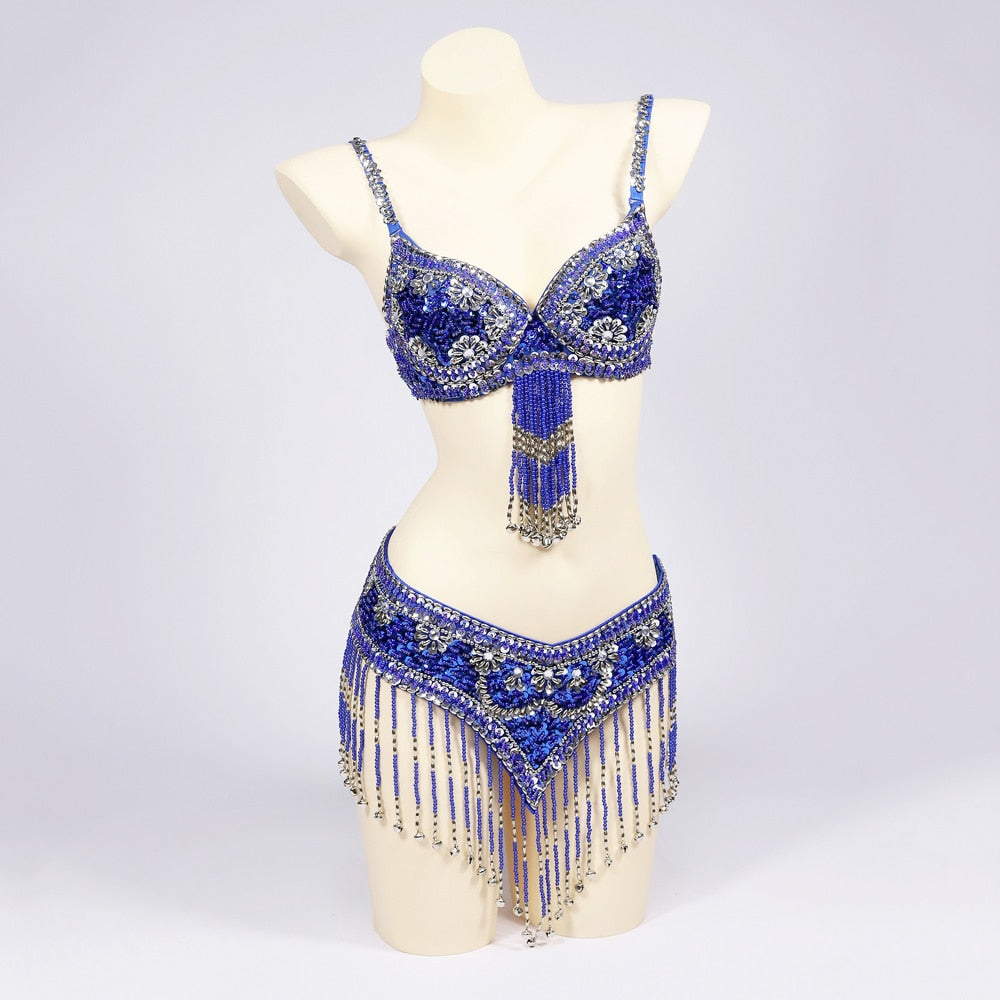 Belly Dancers Beaded Bra and Belt Set Belly Dance Costume Set with Bells