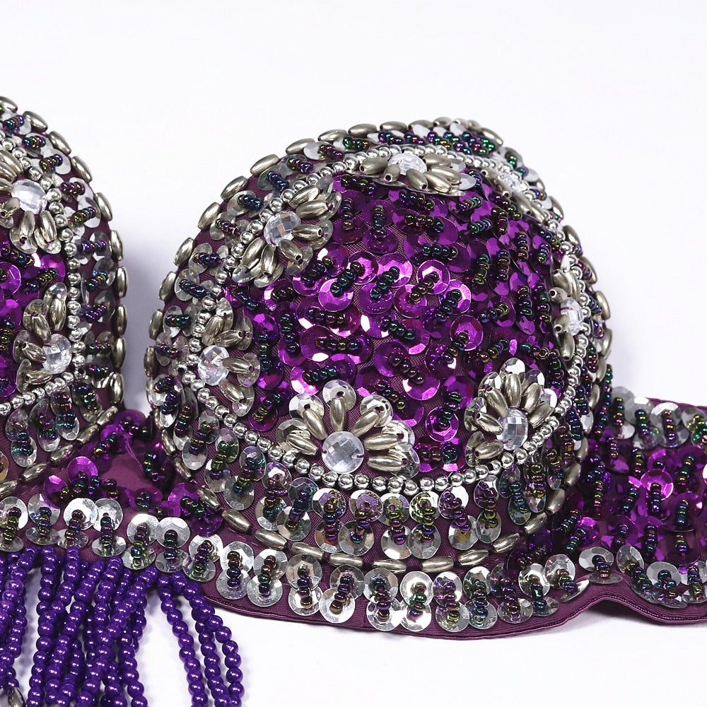 Belly Dancers Beaded Bra and Belt Set Belly Dance Costume Set with Bells