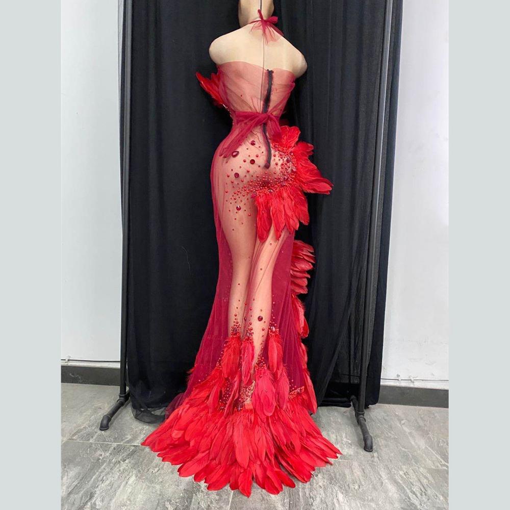 Valeria Red Halter Rhinestone Feather Stage Wear Performance Dress
