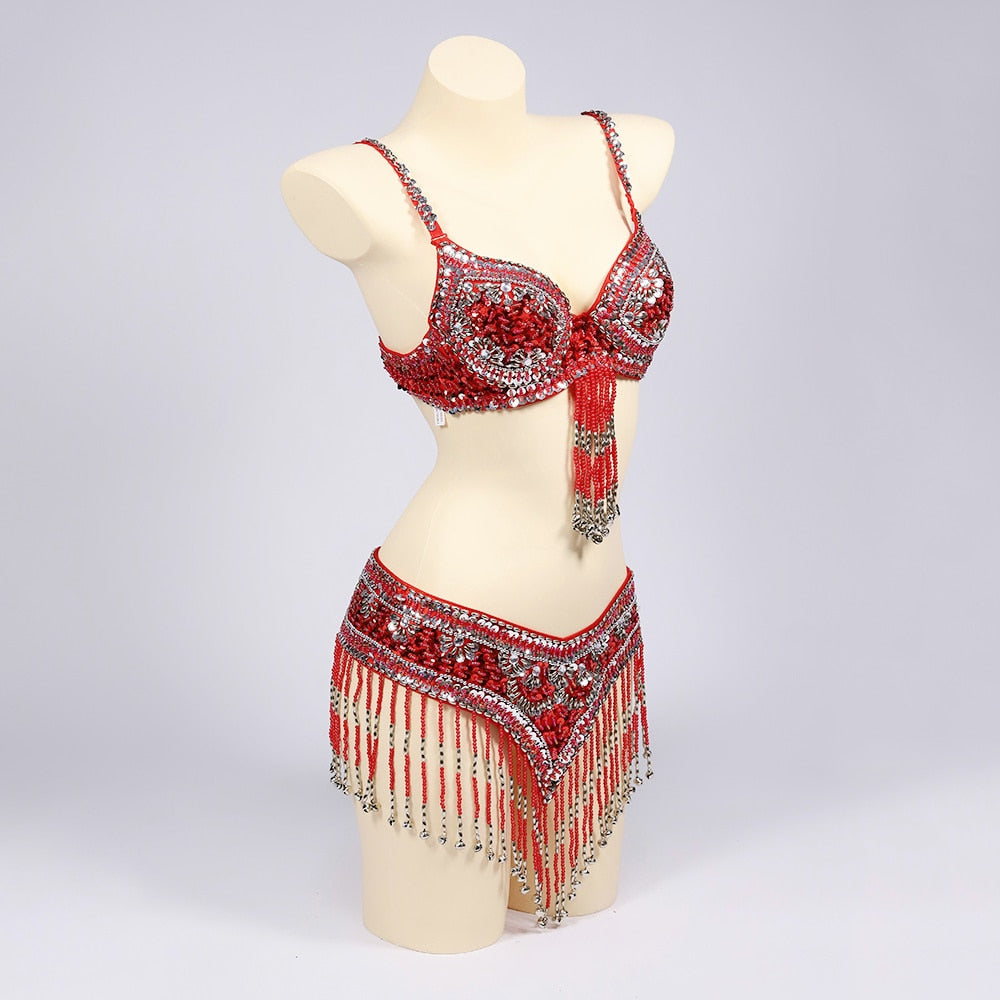 Belly Dancers Beaded Bra and Belt Set Belly Dance Costume Set with Bells
