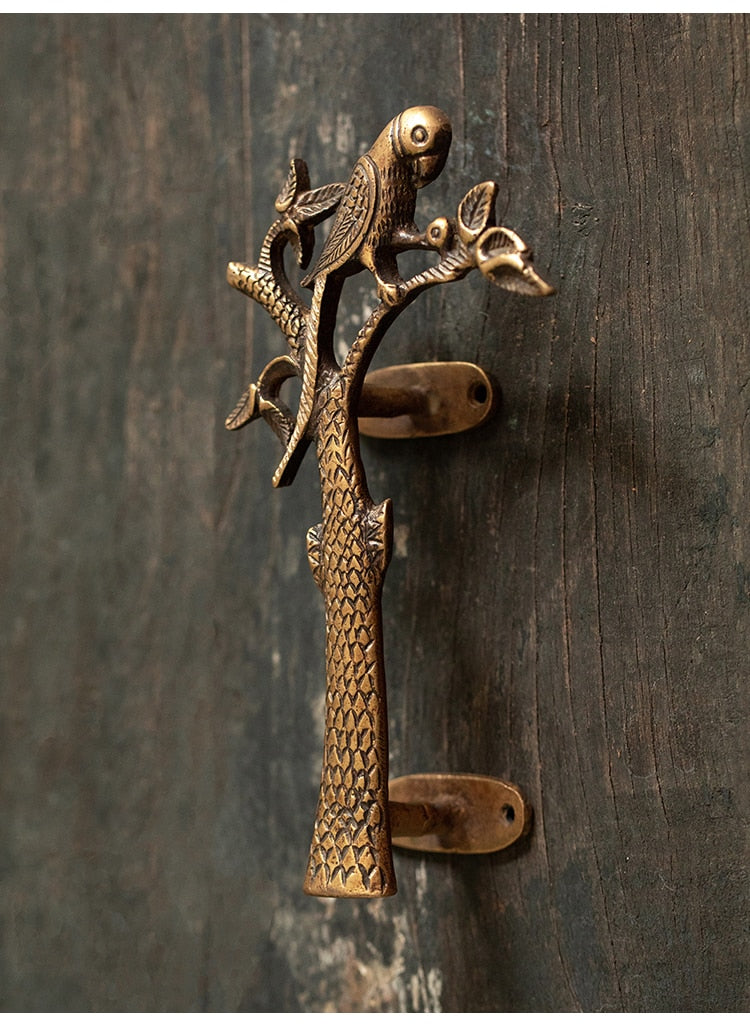 Parrot in a Tree Brass Door Pull Handmade Hardware