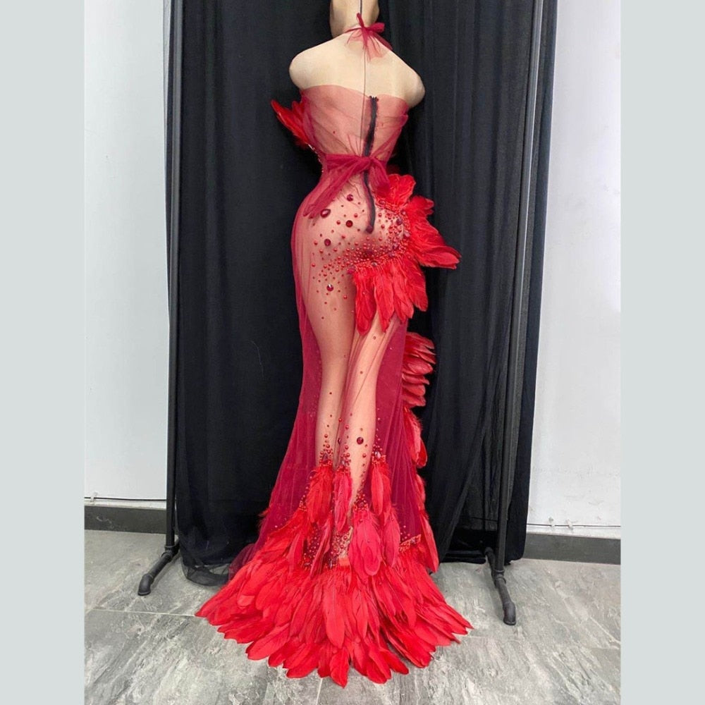 Valeria Red Halter Rhinestone Feather Stage Wear Performance Dress