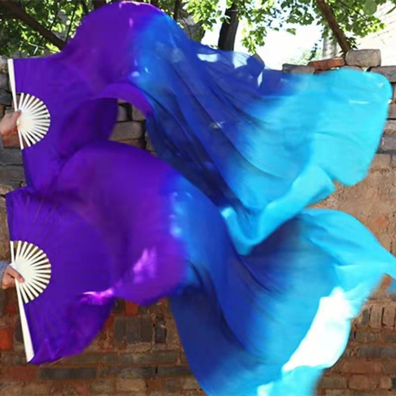 1Pair 100% Real Silk Dance Fan Gradient Stage Dance Silk Fans